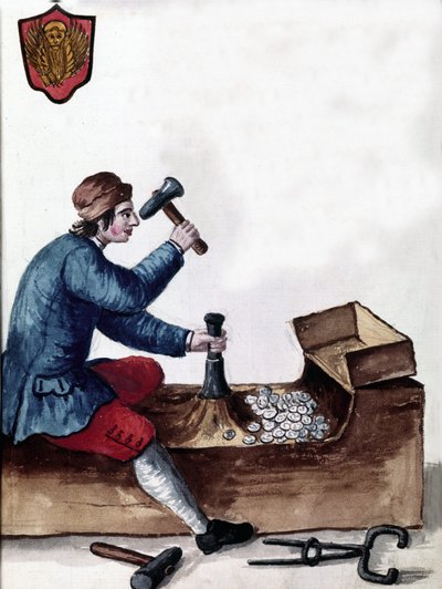 A Velencei Köztársaság érmegyártása: a pénzverés szakasza. Akvarell rajz és tus Jan van Grevenbroeck (vagy Giovanni Grevembroch (Grevenbroch) (1731-1807) „A velencei szokások” című kéziratából alkotó: Jan van Grevenbroeck