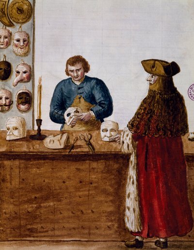 A maszkok boltja, illusztráció a Velencei jelmezek illusztrált könyvéből, Olaszország alkotó: Jan van Grevenbroeck