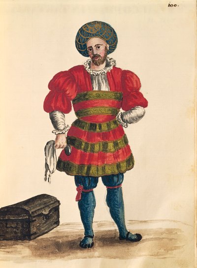 Velencei ruházat: velencei utazó, Jan van Grevenbroeck vagy Giovanni Grevembroch (1731-1807), Gli Abiti de Veneziani, illusztrált jelmezkönyvből, akvarell alkotó: Jan van Grevenbroeck