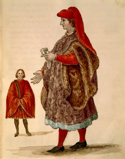 "Dogalina" velencei szenátor, hivatalos köntösben széles ujjal, Jan van Grevenbroeck vagy Giovanni Grevembroch (1731-1807), Gli Abiti de Veneziani, illusztrált jelmezkönyvből, akvarell alkotó: Jan van Grevenbroeck