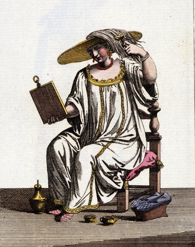 Velencei nők módszere a haj világosítására a napon a 17-18. században. Akvarell rajz és tus Jan van Grevenbroeck (vagy Giovanni Grevembroch (Grevenbroch) (1731-1807) „A velencei szokások” című kéziratából alkotó: Jan van Grevenbroeck
