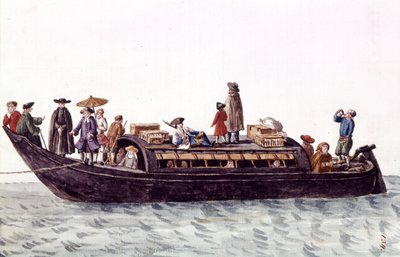 Velencei lagúna hajó emberek és áruk szállítására. Akvarell rajz és tus Jan van Grevenbroeck (vagy Giovanni Grevembroch (Grevenbroch) (1731-1807) „A velencei szokások” című kéziratából alkotó: Jan van Grevenbroeck