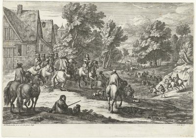 Kilátás egy falura, lovasokkal az előtérben alkotó: Jan van Huchtenburg