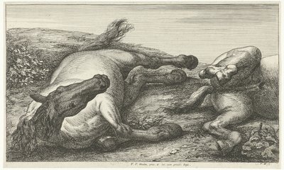 Két elesett ló, a bal oldali szemből nézve Dead Horses (sorozat címe) alkotó: Jan van Huchtenburg