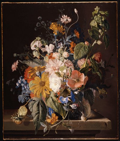Pipacsok, Hollyhock, Morning Glory, brácsa, százszorszép, édes borsó, körömvirág és más virágok vázában, csigával a párkányon alkotó: Jan van Huysum