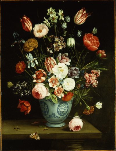 Virágok kék-fehér porcelánvázában, párkányon lepkék és egyéb rovarok alkotó: Jan van Kessel