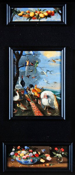 Csendélet tabló - gyümölcsfüzér, különböző madarak, csokrok alkotó: Jan van Kessel the Elder
