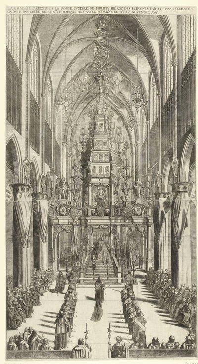 Lijkdienst voor Filips IV te Brussel, 1665 Az égő kápolna és Philippe IIIe roy des Espaignes temetési körmenete a Szent templomban készült. Gudule s sorrendben. többlet. Castel Rodrigo márki 1665. november 4-én és 5-én (cím a tárgyon) alkotó: Jan van Troyen