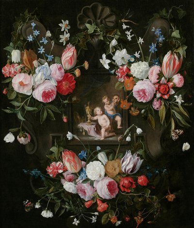 Virágos kartuszi csendélet egy allegorikus Putti-kép körül, drága tárgyakkal és egy maszkkal, 1648 alkotó: Jan van and Balen, Hendrik van Kessel