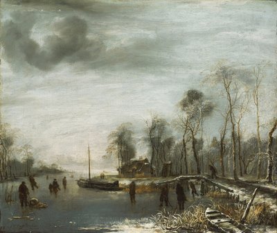 Téli táj korcsolyázókkal és Colf játékosokkal a befagyott vízi úton, 1653 alkotó: Jan van de Capelle or Cappelle