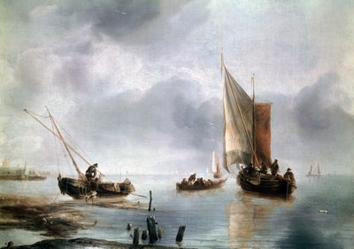 Egy kis hajó könnyű levegőben, és egy másik parton, 1650-1660 körül, Jan van de Cappelle (1624-1679), olaj, vászon, 34, 8x48 alkotó: Jan van de Capelle or Cappelle