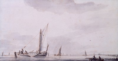 Halászok és vitorlás hajók a torkolatban, nyugodt körülmények között (toll, tinta és mosás) alkotó: Jan van de Capelle or Cappelle