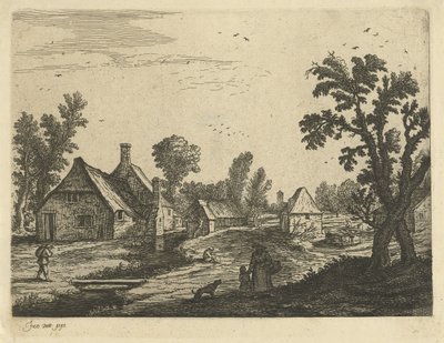 Kilátás a falura nővel és gyermekkel a falu utcájában alkotó: Jan van de Cappelle (attributed to)