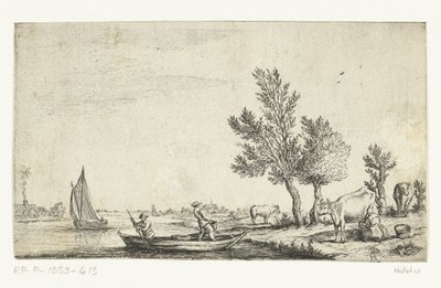 Folyói táj két férfival egy csónakban alkotó: Jan van de Cappelle (attributed to)
