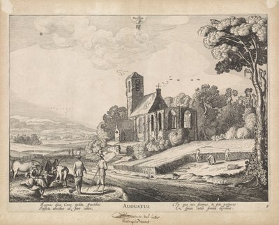 augusztus augusztus (cím az objektumon) A tizenkét hónap, falusi kilátással (sorozat címe) alkotó: Jan van de Velde (II)