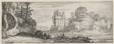 Kilátás egy romos házra a fal mellett Tájak és romok (sorozat címe) Amoenissimae aliquot Regiunculae (sorozat címe) alkotó: Jan van de Velde (II)