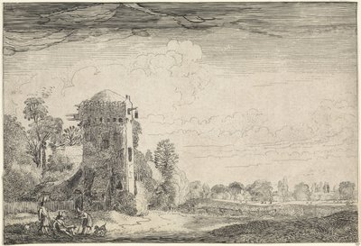 Vadászok kutyákkal egy toronynál a tájon Tájképek (sorozat címe) Amenissimae aliquot requculae (sorozat címe) alkotó: Jan van de Velde (II)