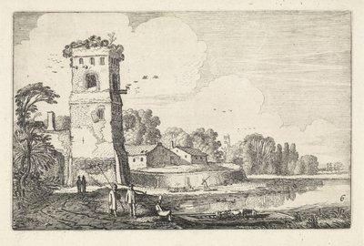 Pont juhokkal egy toronynál a folyó táján Tájképek (sorozat címe) Amenissimae aliquot requculae (sorozat címe) alkotó: Jan van de Velde (II)