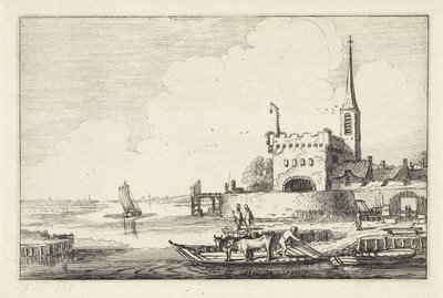 Pont szarvasmarhákkal egy erődben a folyón Tájképek (sorozat címe) Amenissimae aliquot requculae (sorozat címe) alkotó: Jan van de Velde (II)