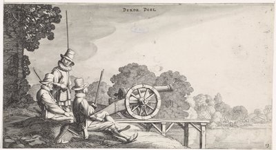 Katonák egy ágyú mellett a folyami mólón Playsante tájak és vidám arcok (sorozat címe) alkotó: Jan van de Velde (II)