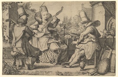 Két elegánsan öltözött férfi és egy nő a kertben, 1613-41. alkotó: Jan van de Velde II