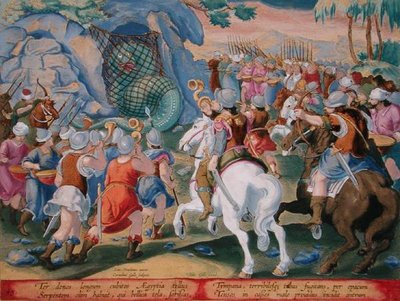 Egyiptom kígyójának elkapása hálóban, 45. tábla a „Venationes Ferarum, Avium, Piscium” (Vadászatról: Vadállatok, madarak, halak) anyagából, Jan Collaert (1566-1628) metszetével, az amszterdami Phillipus Gallaeus kiadásában (kézzel színezett metszet) ) alkotó: Jan van der Straet