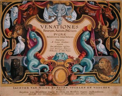 Jan Collaert (1566-1628) által metszett „Venationes Ferarum, Avium, Piscium” (Vadászat: Vadállatok, madarak, halak) címlapja, az amszterdami Phillipus Gallaeus (kézzel színezett metszet) alkotó: Jan van der Straet