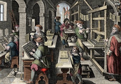 Nyomda, c1600 - Hollandia, Nyomtatás: bal oldalon a karakterek karaktereket használnak, a nyomtatás előkészítésének különböző szakaszai nyomdászmester felügyelete alatt - Giovanni Stradano (Jan Van Der Straet) (Johanne) gravírozása „Nova Reperta”-ból alkotó: Jan van der Straet