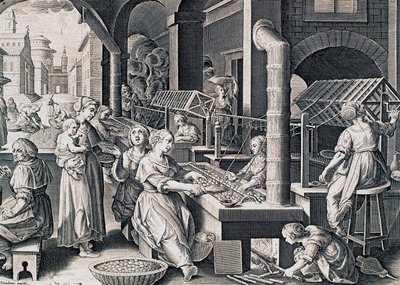 Vermis sericus, selymet fonó és selyemhernyót tűzön hevítő nők, Stradanus (1523-1605) metszet, Olaszország alkotó: Jan van der Straet