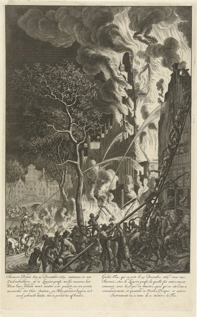 Tűz a Lauriergrachton Amszterdamban, 1669 Az 1669. december 29-i heves tűzvész egy cukorpékségben keletkezett, a Laurier grafton (…) / Grand feu, qui se prit le 29 decembre 1669. dans une sucrerie, sur le Laurier graft (…) (cím a tárgyon) alkotó: Jan van der Heyden (attributed to)
