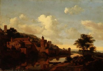 Erősített város a folyó felett (panel) alkotó: Jan van der Heyden