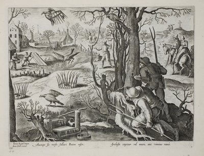 Madárfogók patkánycsali csapdákkal a sólymok elfogására, 64. tábla, illusztráció a „Venationes, Ferarum, Avium, Piscium” (Vadászatról: Vadállatok, madarak, halak) című könyvből, Jan Collaert (1566-162) metszet alkotó: Jan van der Straet