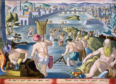 Halászat sekély vizekben hálókkal, 96. tábla a „Venationes Ferarum, Avium, Piscium” (Vadászatról: Vadállatok, madarak, halak) anyagából, Jan Collaert (1566-1628) metszetével, Phillipus Gallaeus kiadásában alkotó: Jan van der Straet