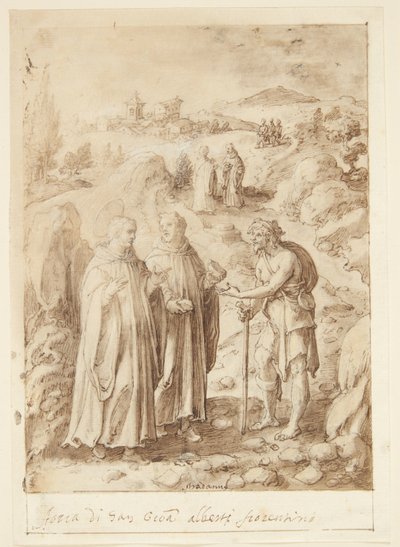 S. Giovanni Alberti Fiorentino története. A szent és a kísérő szerzetes utolsó kenyeret ad egy koldusnak alkotó: Jan van der Straet