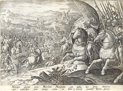 Labadia si Sena és St. Abonda csata, 3. tábla a "The History of the Medici"-ből, Philip Galle (1537-1612) metszete, 1583 körül alkotó: Jan van der Straet