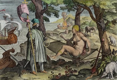 Vespucci felfedezi Amerikát, 2. tábla a „Nova Reperta”-ból (Új felfedezések), Theodor Galle (1571-1633) metszetében, 1600 körül (későbbi színezés) alkotó: Jan van der Straet