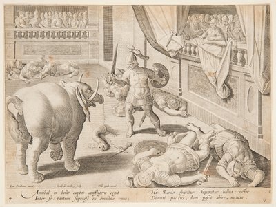 Egy római katona Hannibál elefántjainak egyikével harcol, pl. 7. a Játék, madarak és halak sorozatban alkotó: Jan van der Straet, called Stradanus