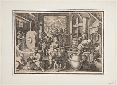 Oleum Olivarum (Az olívaolaj előállítása), 12. lemez a Nova Repertában (A modern idők új találmányai) alkotó: Jan van der Straet, called Stradanus
