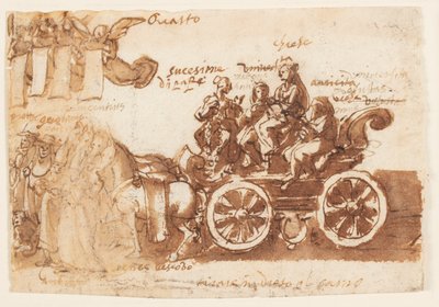 egy vázlatfüzet oldala; Szekér és három ló alkotó: Jan van der Straet, called Stradanus