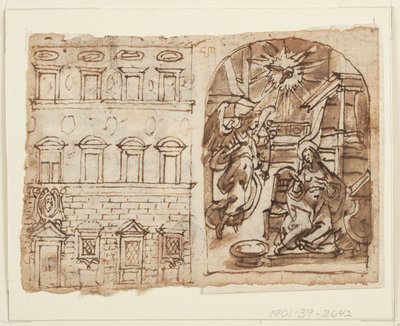 egy vázlatfüzet oldala; Palota felemelése, Angyali üdvözlet, Utolsó vacsora alkotó: Jan van der Straet, called Stradanus