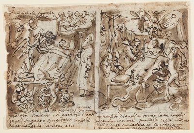 egy vázlatfüzet oldala; Mennyei erők segítik a jámborokat; Vázlat a szent portréjához; Oromfal díszítése alkotó: Jan van der Straet, called Stradanus