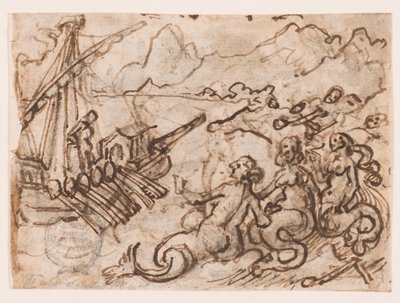 Egy vázlatfüzet oldala: Ulysses elhalad a szirénák mellett (recto); Ulysses az alvilágban (verso) alkotó: Jan van der Straet, called Stradanus