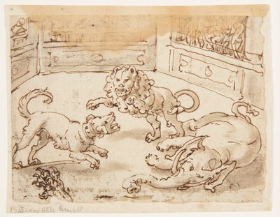 Recto: Nagy Sándor harcot néz kutyája, elefánt és oroszlán között; Verso: Verso: Idősebb Plinius természetrajzához kapcsolódó felirat, 8. könyv, ch. 61 alkotó: Jan van der Straet, called Stradanus