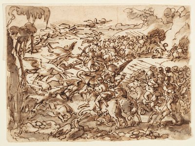 Recto: Csata pigmeusok és daruk között; Verso: Idősebb Plinius természetrajzához kapcsolódó felirat, 7. könyv, ch. 2 alkotó: Jan van der Straet, called Stradanus