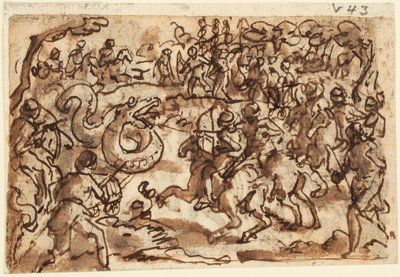 Recto: Attilius Regulus római konzul harcban egy óriási afrikai kígyóval, Plinius Természetrajzából, 8. könyv, ch. 14; Verso: Ptyolomy hálóval elkap egy óriási kígyót, a Diodorus Siculusból, Bibliotheca Historica III, 37 alkotó: Jan van der Straet, called Stradanus