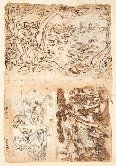 Recto, fent: Daruvadászat kúpokkal; Lent balra: Jacob, fél alak; oroszlán bekötött szemmel a fején; egy erődítmény térképe; Jobbra lent: Rókavadászat. Verso, balra fent: Starling Hunt; lent balra: Oroszlánvadászat fáklyákkal és hálókkal; jobbra: fél alakok alkotó: Jan van der Straet, called Stradanus