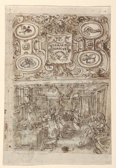 Recto, fent: A Vermis Sericus ("A selyemhernyó bemutatása") nyomatsorozat címlapjának előzetes terve; Recto, lent: Előzetes terv pl. 3 (A selyemhernyó tojások inkubációja); Verso, fent: Hiányos előzetes tervezés a címlaphoz alkotó: Jan van der Straet, called Stradanus