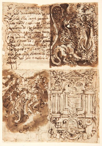 Recto, fent balra: Az Apokalipszis asszonyáról szóló részlet a Jelenések könyvéből; Recto, jobbra fent: Apokalízis asszonya; Recto, balra lent: Frontispiece a Szűz élete nyomdai sorozatához; Recto, jobbra lent: a Viri koronázása alkotó: Jan van der Straet, called Stradanus