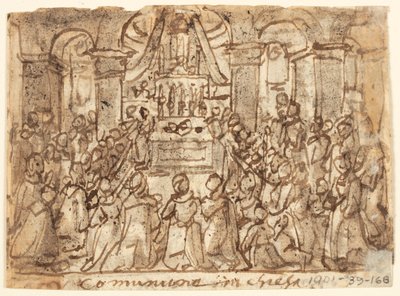 Vázlatfüzet oldal úrvacsorával a templomban és otthon alkotó: Jan van der Straet, called Stradanus