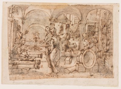 A puskapor találmánya, a "Pulvis Pyrius" terve, pl. 3. a Nova Reperta (Modern idők új találmányai) nyomatsorozatában alkotó: Jan van der Straet, called Stradanus